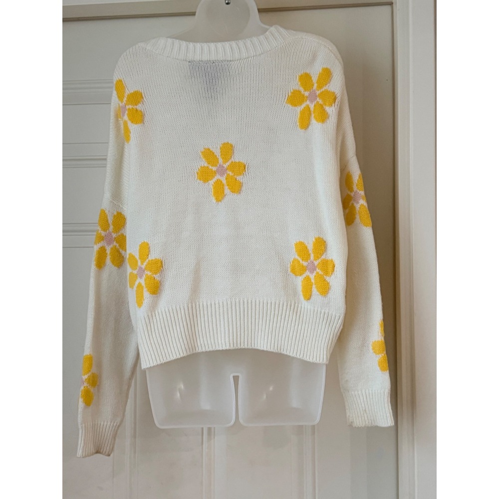 Polly & Esther Cottagecore/Grandmacore White Yellow Daisy Button Down Cardigan M - Picture 3 of 6